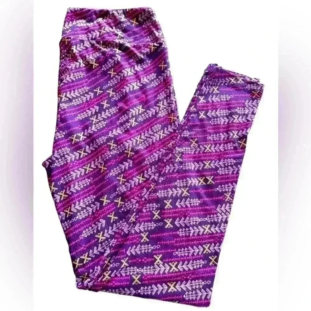 Lularoe TC purple leggings geometric pattern with pink, yellow, lavender. NWOT.